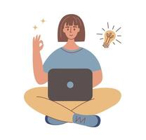 Flat style illustration of a woman working or studying on a laptop while sitting cross-legged, showing an OK sign with a lightbulb symbolizing a creative idea or success in online work or learning. vector
