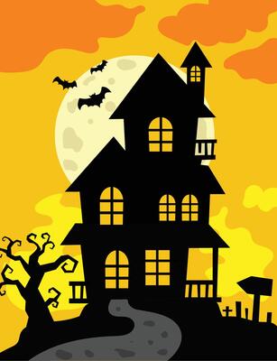 Haunted house under full moon with trees for Halloween night