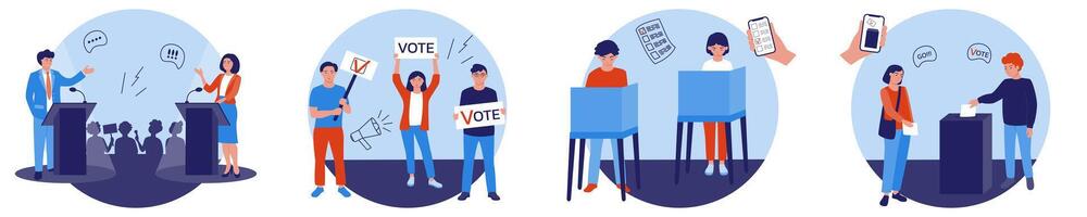 Political debates and discussions with candidates. A call to vote. The people in the voting booth are making their choice. People are throwing ballots into the ballot box. vector