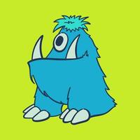 a cute cartoon monster floating against a green background. The character has a playful expression, showcasing large teeth and a round belly vector