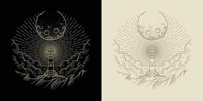 Lighthouse in the middle of the sea with waves and storm clouds, illustration with esoteric, boho, spiritual, geometric, astrology, magic themes vector