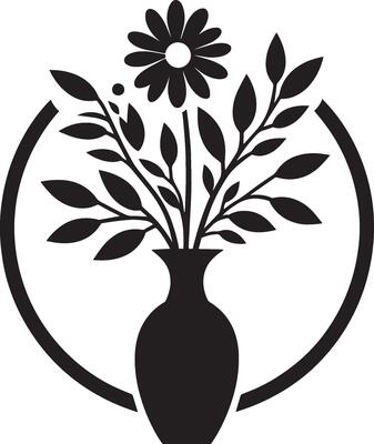 A black and white image of a vase with flowers