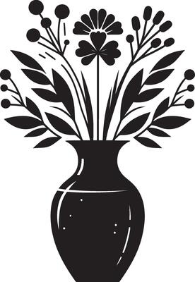 Black and white illustration of a vase with flowers
