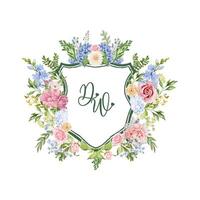 Watercolor floral wreath design with the initials DW in elegant script font, pastel-colored flowers such as roses, hydrangeas, peonies and greenery. vector