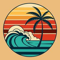 Retro style palm tree and waves on the beach vector
