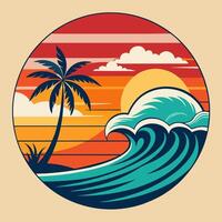 Retro style palm tree and waves on the beach at sunset vector