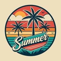 Retro summer logo with palm trees and sunset vector