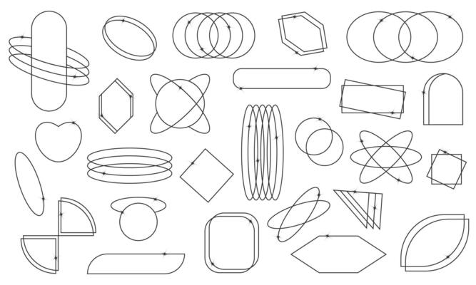 Set of Retro Geometric Shapes in Black 90s Style. Y2K Aesthetic Elements with Stars, Hearts, and Frames for Banners, Posters, and Stickers. illustration.
