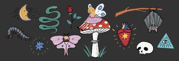 Mystical tale halloween illustrations with skull, butterfly, mushroom with fairy, snake, moon set . vector