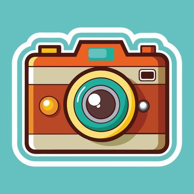 A sticker of a camera with a blue background