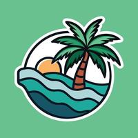 A palm tree and waves in the ocean with the sun in the background vector