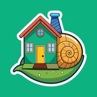 A cartoon snail and house on a green background vector