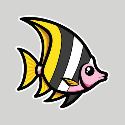 A cartoon fish with a black and white striped body