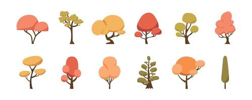 Collection of fall trees on white background. Set of minimalistic trees with different crowns. Elements of nature to create a landscape. Flat illustration on white background. Hand-drawn. vector