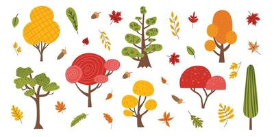 Set of fall trees and leaves. Collection of different trees in autumn colors in flat style. Autumn illustration on white isolated background. Hand-drawn style. vector