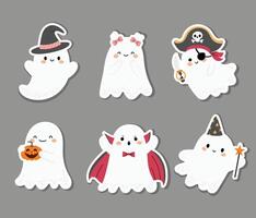 Ghost stickers collection in flat style. Cute ghosts in various Halloween costumes, vampire, wizard, pirate. flat illustration in hand drawn style isolated on gray background. vector