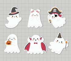 Cute ghost stickers set. Ghosts in various costumes for Halloween. flat illustration in hand drawn style isolated on checkered background. vector