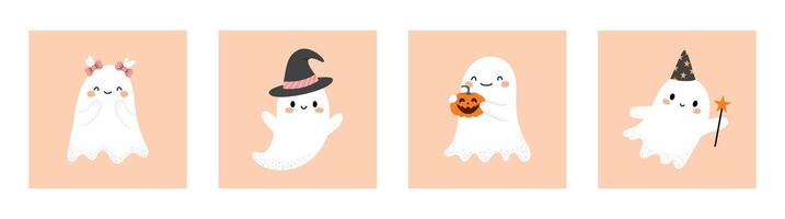 Cute ghost set. Halloween postcard collection with different ghosts. Concept of mystical drawings for decoration. Flat illustration on white isolated background. vector