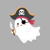 Cute Halloween ghost. Ghost in a pirate costume. Print, design element. Child flat illustration in hand drawn style isolated on background. vector