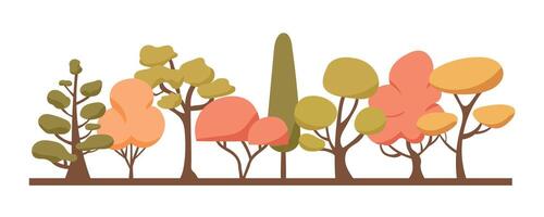 Autumn border of trees. Forest foliage and coniferous plants in a row. Panorama of mixed forest with stylized tree trunks and crowns. Flat illustration of forest isolated on white background. vector