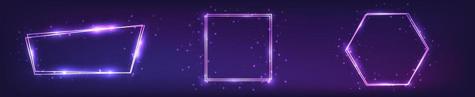 Set of three neon double frames with shining effects vector