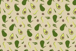 Hand drawn avocado seamless pattern. Whole, halved and sliced ripe fruit on beige background. Illustration in sketch style for healthy food concept, background, wrapping, textile, banner vector