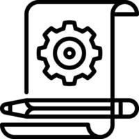 A black and white icon of a pencil and a paper with a gear vector