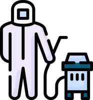 A man in a white suit and protective gear is holding a vacuum cleaner vector