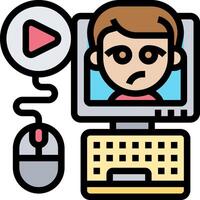 A cartoon man is sitting in front of a computer with a mouse and a play button vector