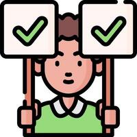 A cartoon man holding up two signs with check marks vector