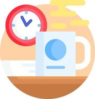 A coffee mug and clock are on a table vector