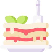 A slice of cake with a fork and knife on top vector