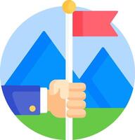 A hand holding a flag with mountains in the background vector
