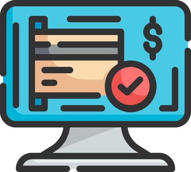 un computadora pantalla con un cheque marca y un dólar firmar vector