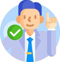A man in a suit and tie is holding up a green tick vector