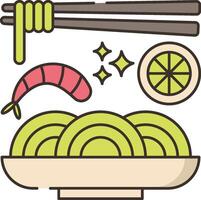 A plate with chopsticks and noodles, and a slice of lemon vector