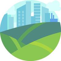 A city skyline with green fields and buildings vector