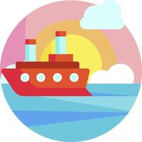 A red boat floating in the ocean with a sun in the background vector