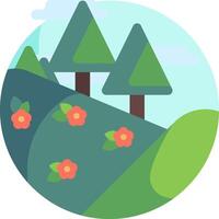 A flat design of a hill with trees and flowers vector