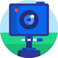 A blue camera on a stand with a green background vector