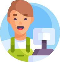 A man in an apron is standing in front of a computer vector