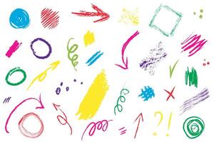 Collection of hand drawn charcoal shapes and grunge textures. Arrow line chalk brush set. Grunge square, spiral, arrow element scribble line brush sketch design. Isolated illustration. vector
