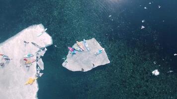 View from a drone vertically down onto an ice floe with sup surfers video