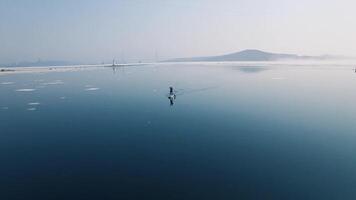 Drone view of a sup surfer floats through the ice capturing serenity. video
