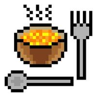 Rice bowl with spoon and fork in pixel art style vector
