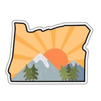 Oregon Mountain and Sunrise Illustration with Pine Trees in State Outline vector