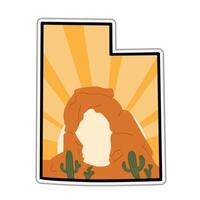 Desert Arch Illustration in Utah State Outline with Cacti and Sun Rays vector