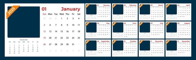 Calendar 2025 starts from Sunday. Minimalist, Clean, Simple and Modern Design. 12 pages Calendar vector