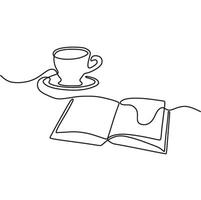 A coffee cup and book are shown in a line drawing vector