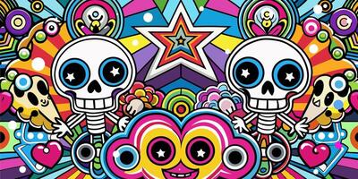 Abstract colorful graffiti background with skeleton characters. vector
